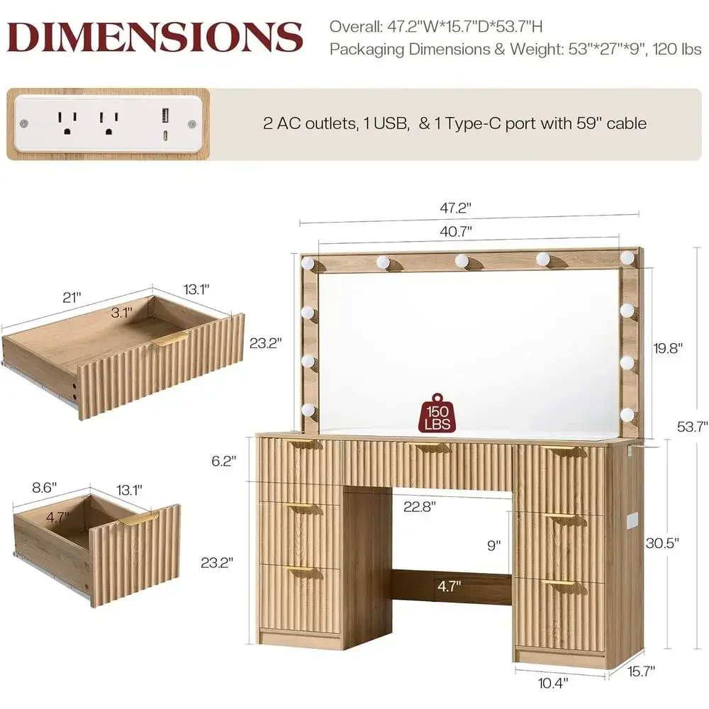 Large Mirror LED Vanity Desk with 7 Drawers, Tempered Glass Top, Charging Station - Ideal for Makeup, Bedroom, Dorm, Women & Gir