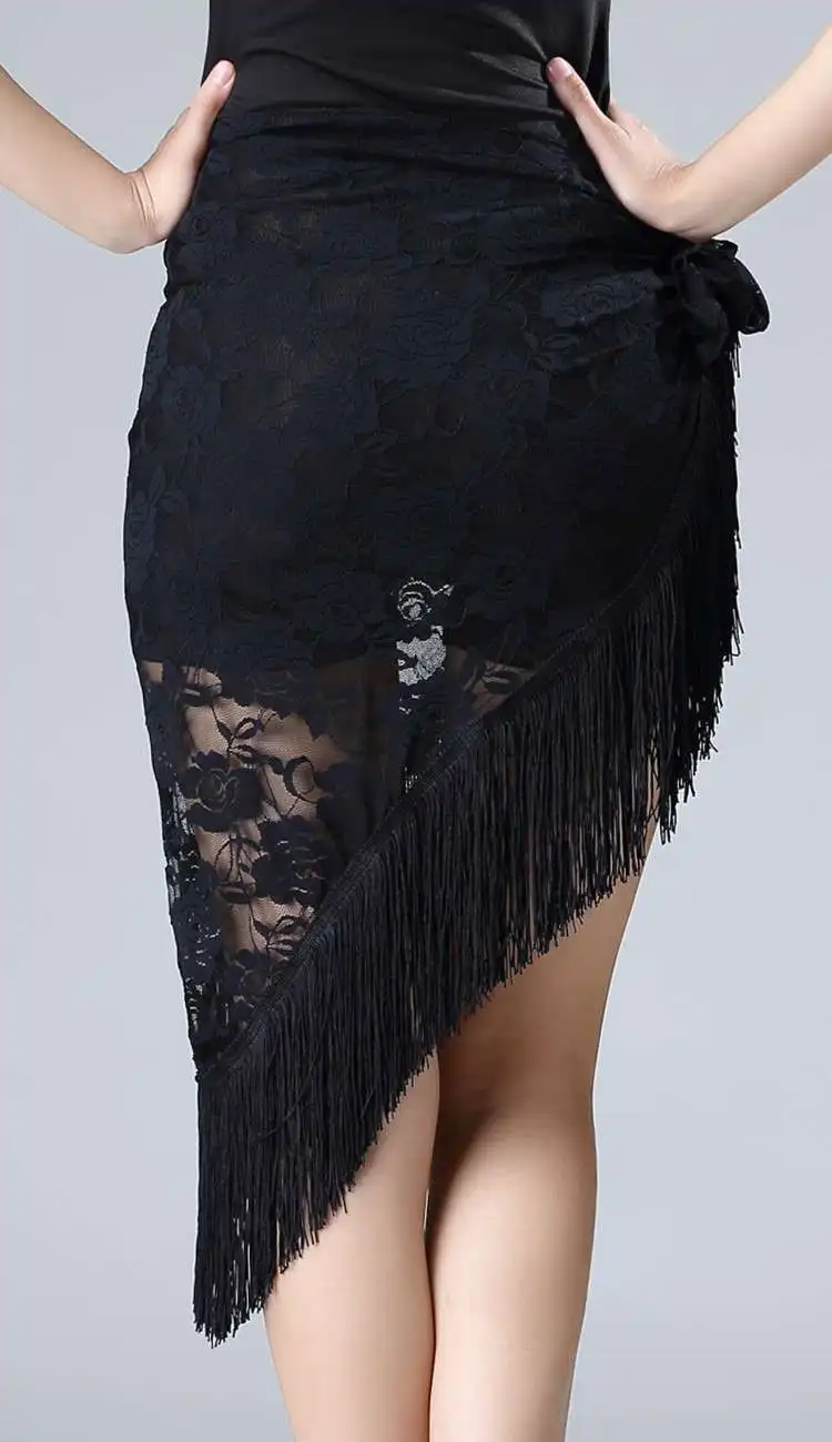 Black lace rose fringe latin dance skirts women girl salsa rumba chacha ballroom ballet dance triangle practice wrap hip scarf