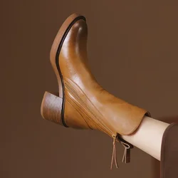 Damskie platformy Chelsea Boots New Round Toe Chunky Heel Women Brown Ankle Boots Outdoor High Heel Leather Boots