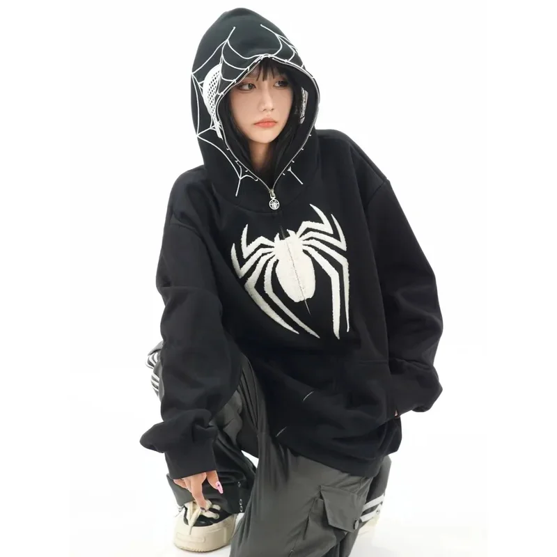 Spider Web Hoodie Zipper Sweatshirt Winter Grunge Punk Harajuku Y2k Clothing Women Men Interesting Hip Hop Sweatshirt Hoodie