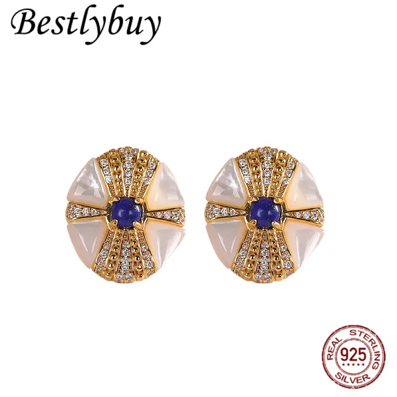 

S925 Серебряные позолоченные серьги из натурального лазурита, женские серьги оригинального дизайна, роскошные круглые серьги цвета ракушки с темпераментом