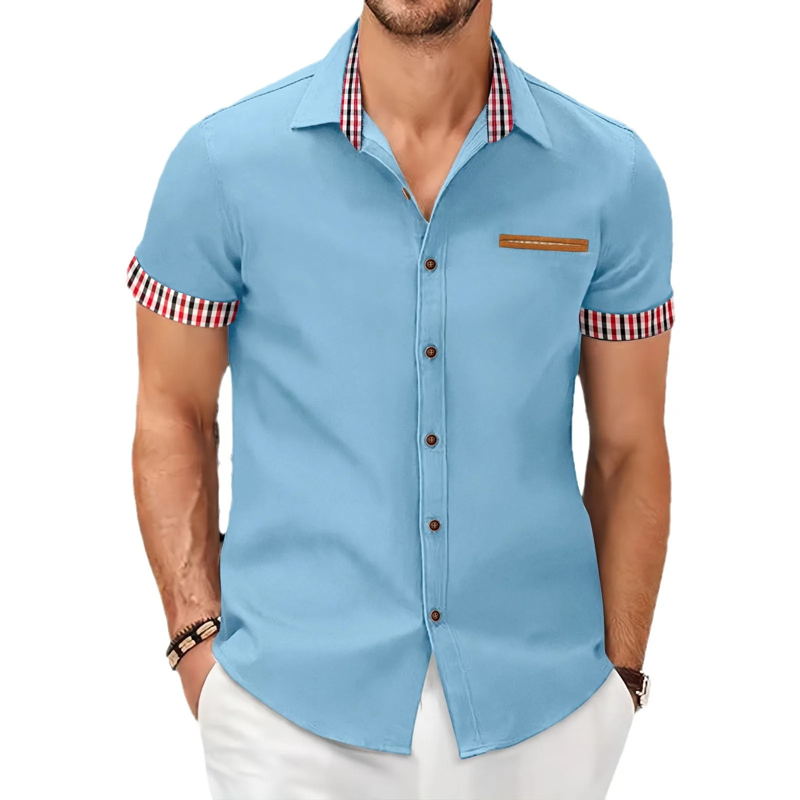 new stylesummer fashion men\'s checkered short-sleeved business slim casual shirt short-sleeved shirt