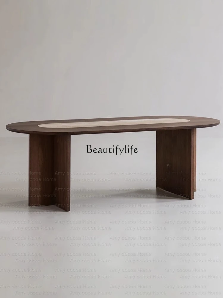 

Medieval oval solid wood dining table Household wabi-sabi minimalist retro walnut color travertine dining table