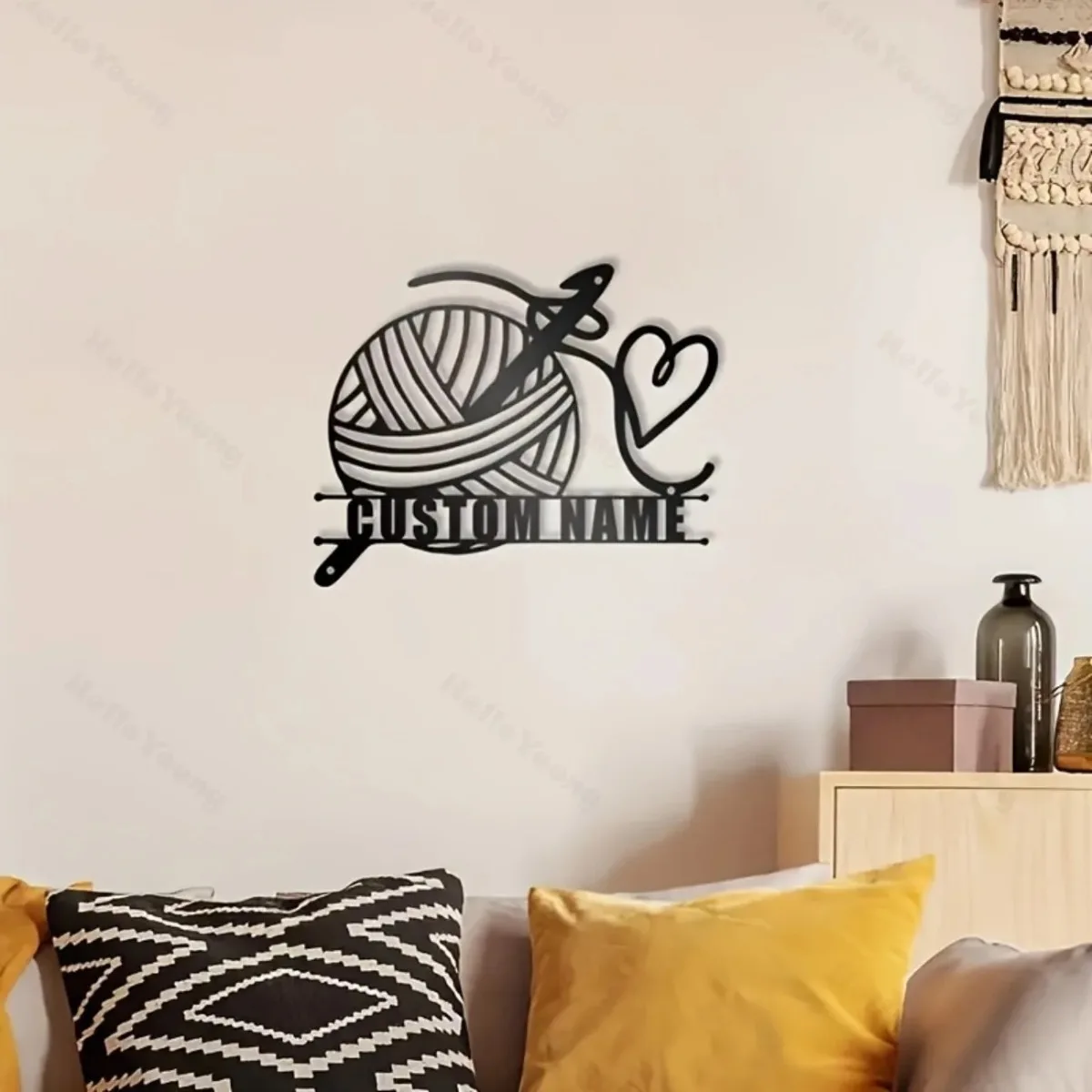 Knitting Yarn & Heart Metal Wall Art - Rustic Custom Name Sign, Hot Sale for Home Knitter Gift Christmas Decor