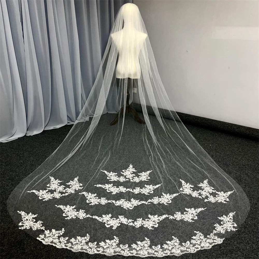 Voile de mariage long luxueux avec peigne, tulle cathédrale à une couche, voile de patients, bord en dentelle pour les mariées, blanc et ivoire