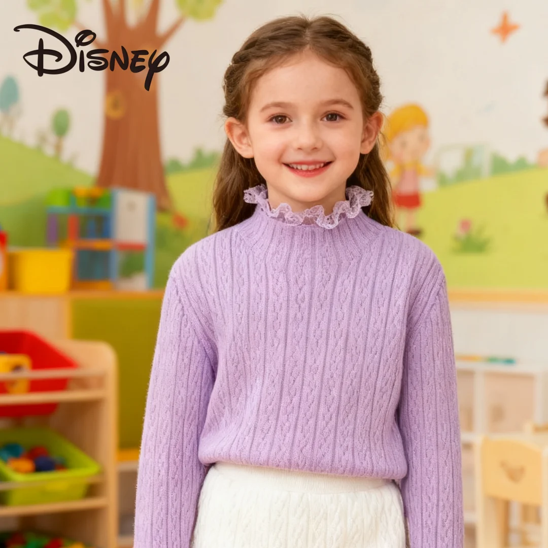 

Disney Kids Cute Lace Trim Pullover Girls Autumn Winter Trendy Sweater Washable Warm-keeping Casual Style Turtleneck Sweater