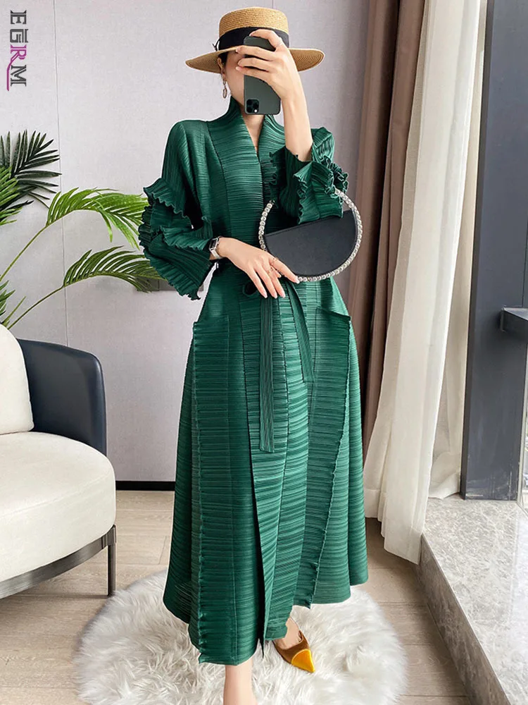 

EGRM Ruffles Miyake Pleated Long Dress for Women 2023 New Full Sleeves Midi Bandage Elegant Dresses Festival Clothing 8GR3735