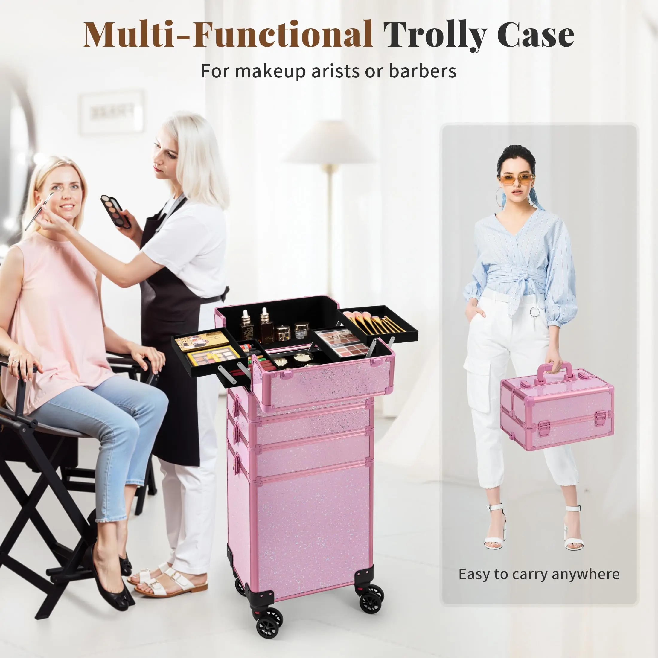 แต่งหน้ารถเข็นที่ถอดออกได้ 4 in 1 รถไฟกระเป๋าเอกสารสําหรับเล็บล้อล็อค Salon ขนาดใหญ่ความจุกรณี