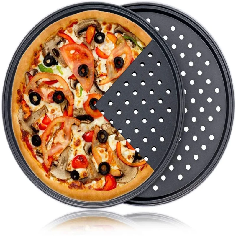 

Nonstick Carbon Steel Pizza Crisper Trays Baking Pan with Holes Round Deep Dish Plate Bakewave Mould Oven Home Kitchen Tools