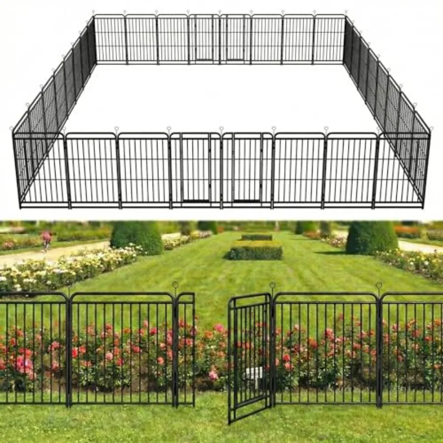 

Outdoor garden fence with gate for yard use rustproof metal coating snowy black 32 panels no-dig installation 47 in H x 72 ft(L