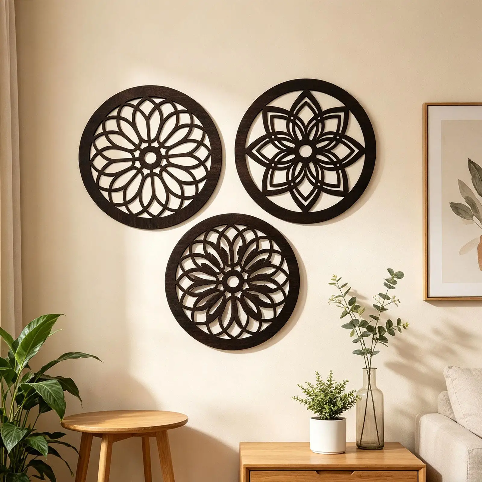 Floral Wooden Wall Hanging Round Hollow Carved Farmhouse Ornament Rustic Room Decoration for Living Room Kitchen Office