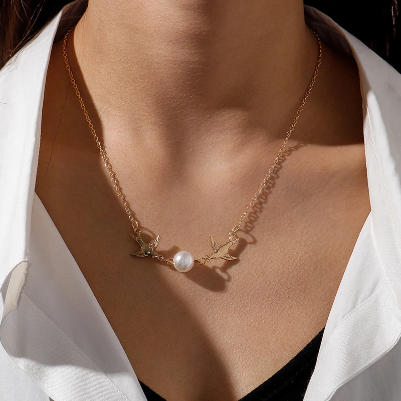 Aihua Halskette mit Anhänger in Form einer Taube mit Imitationsperle, modische gold- und silberfarbene Kette für Frauen, Hochzeitsschmuck, Geschenke – Detail 4