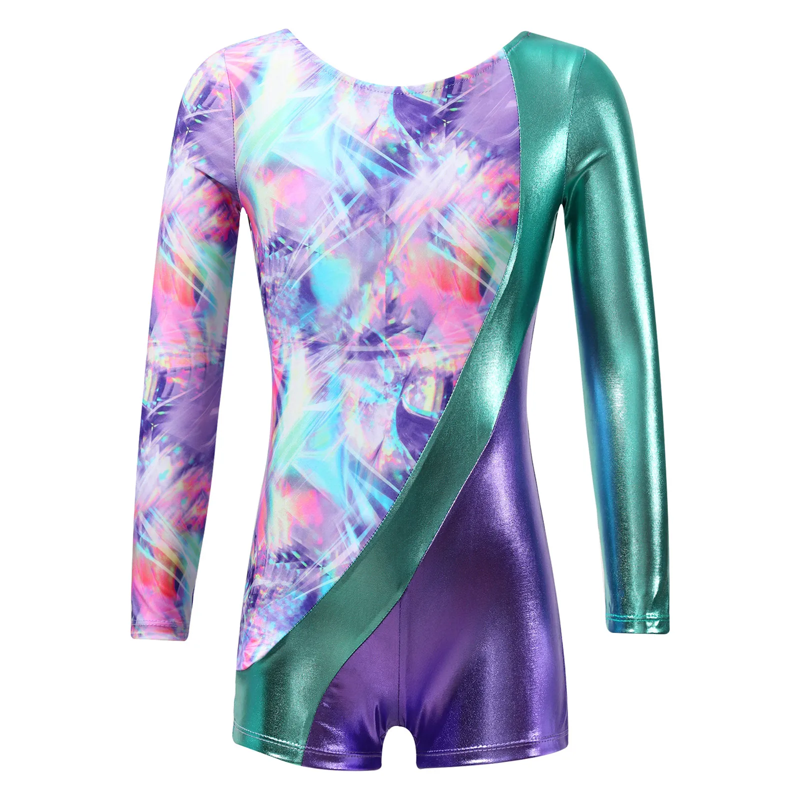 Kids Patchwork Print Ballet Dance Leotard Unitard Teens Long Sleeve Gymnastics Jumpsuit for Girls Children Ice Skating Bodysuit