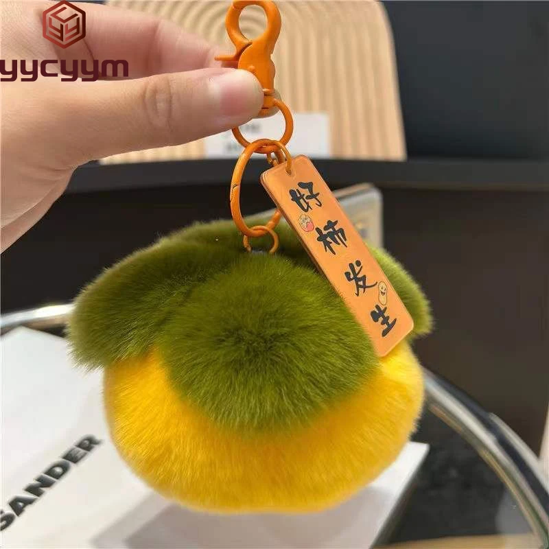 

2024 Real Rabbit Hair Mini Cute Small Persimmon Keychains Women Plush Rex Rabbit Fur Car Key Chain Bag Decoration Pendant Gift