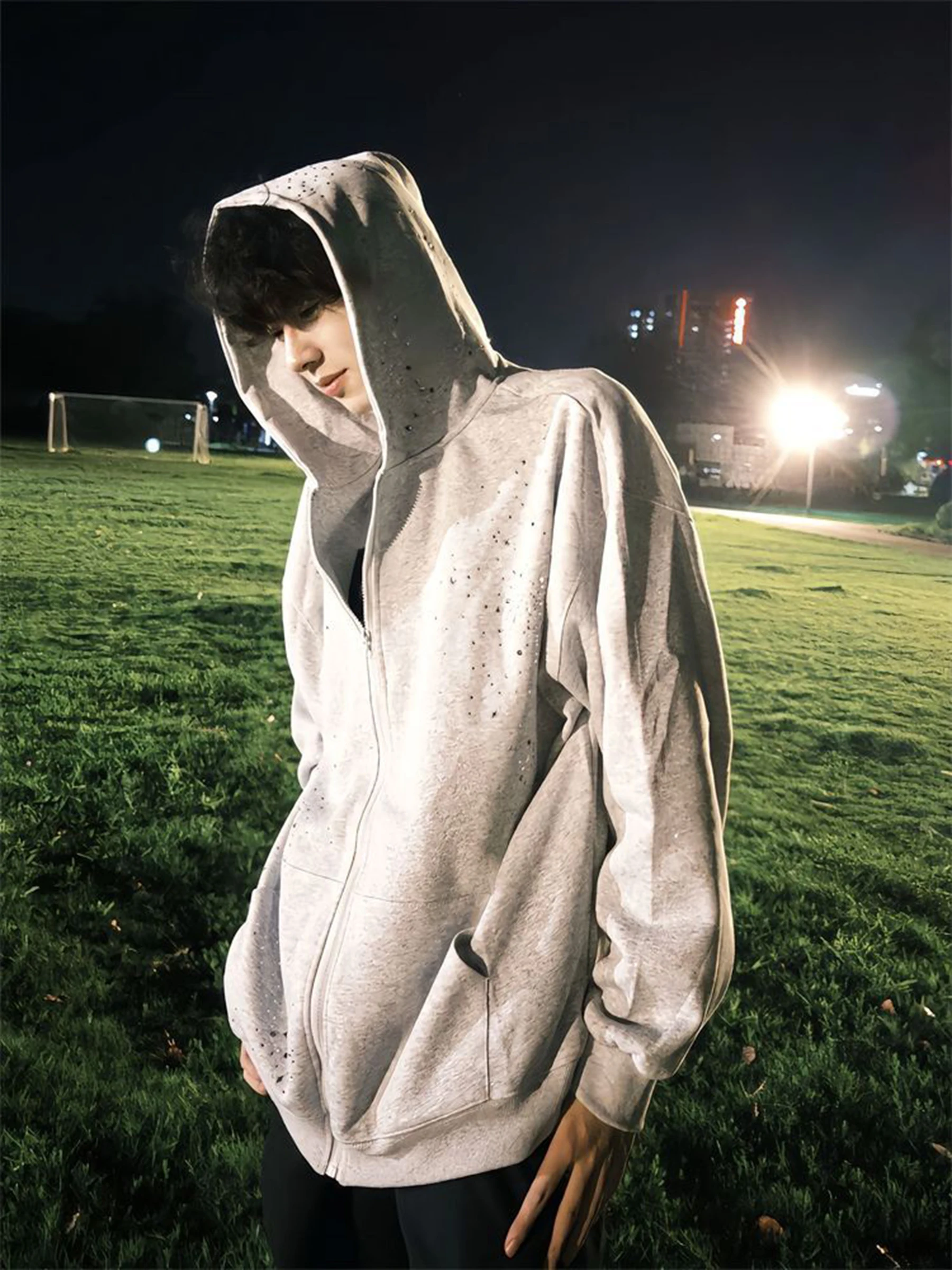 American High Street Starry Sky Rhinestone Hooded Sweatshirt Men Autumn Winter Gray Heavy Craft Cardigan Zipper High-end Jacket