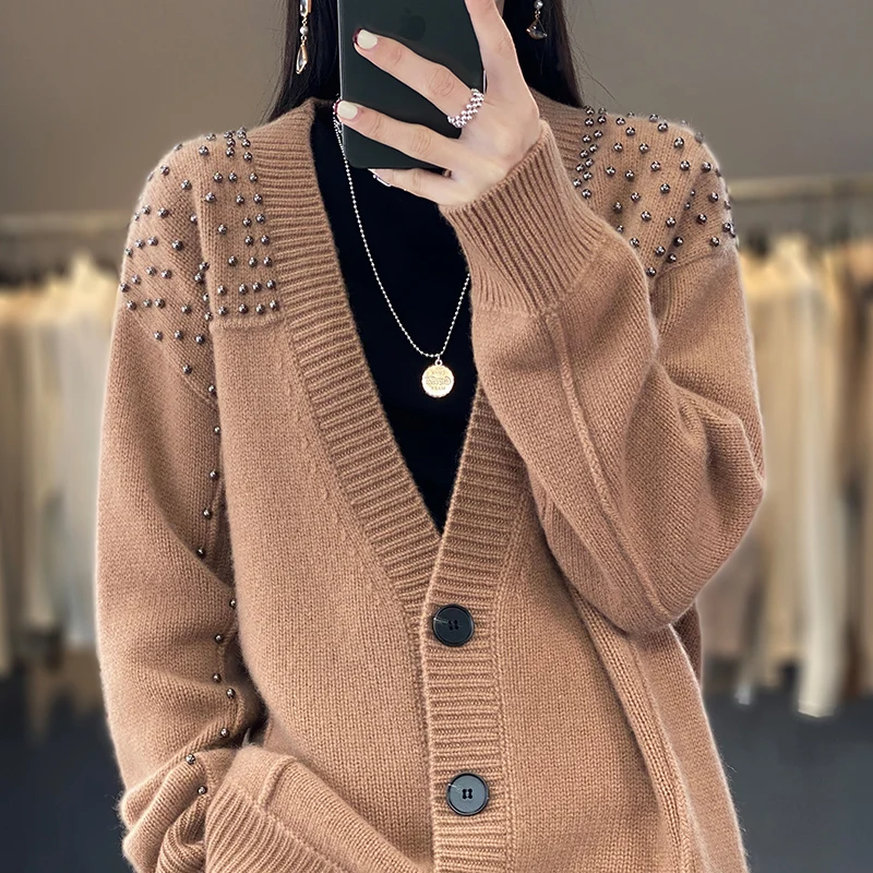 Large Size Women's Cardigan Fall Winter 100% Merino Wool V-Neck Sweater Long Sleeve Jumpers Knitted Top Outerwear Fashion Trends