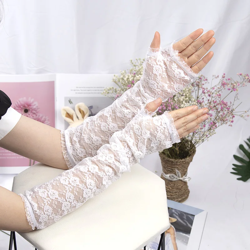 Lange Spitze ausgehöhlte finger lose Handschuhe Sonnenschutz ärmel Mesh Spitze dünne Radfahren sexy Accessoires schwarze nackte Finger handschuhe