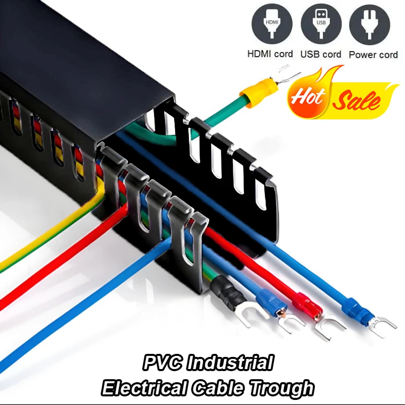 Bandeja de cables negra Conducto de entrada de cableado con ranura abierta de PVC con sistema de gestión de cables de cubierta para ocultar cables de alimentación de computadora de TV debajo del escritorio
