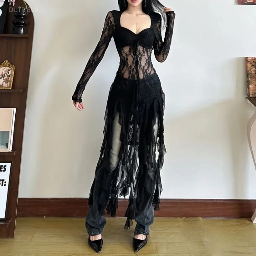 New Lace Ribbon Ropa mujer Sexy Mesh Roupas Feminina Square Collar Long Sleeve Woman Clothes Pure Desire Style Tops Camisetas