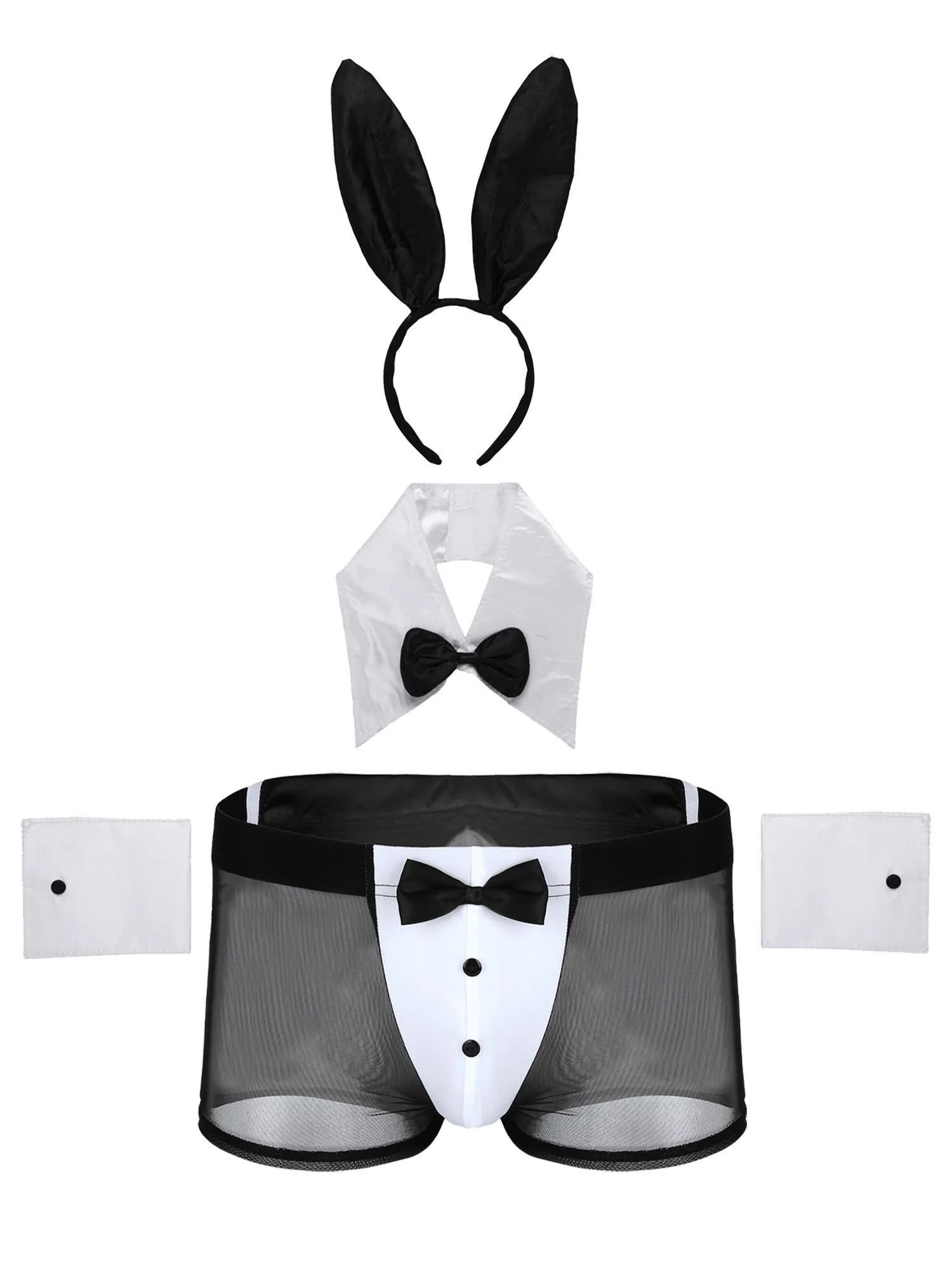 Conjunto de lingerie See Through Rabbit Ears para homens, cuecas Boxer, roupa interior impertinente com bandana, fantasia de coelhinho, carnaval, Halloween