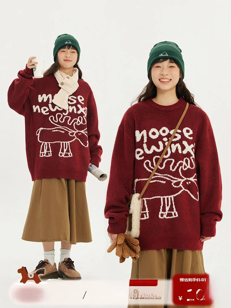 

NewJNXS American Retro New Year Red Deer Sweater Loose Outerwear for Men And Women Spring Autumn Trendy Brand Knitted Sweater