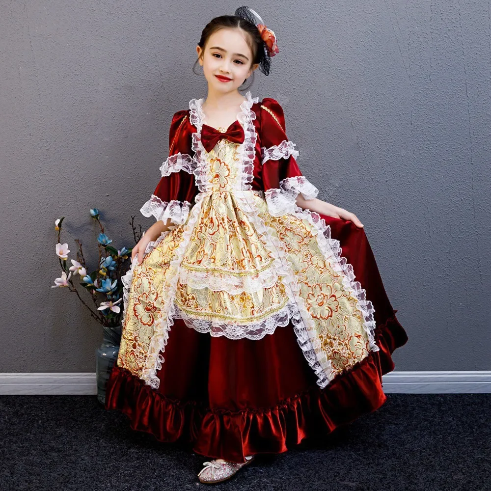 

GUXQD Burgundy Baroque Medieval Court Baby Flower Girl Dresses Children Princess Prom Birthday Halloween Gowns