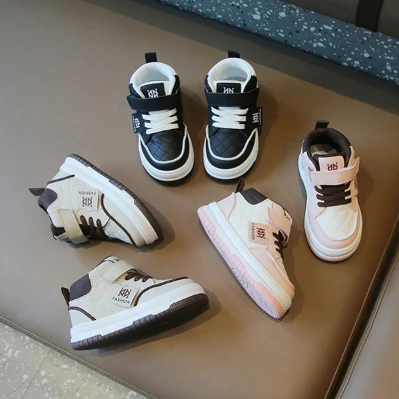 

Children Spring Autumn Fashion Sneakers Boys High Top Grid Pressed Casual Board Shoes Girl Versatile Velcro Soft Soled Kid Shoes