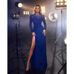 Customized Exquisite O Neck Evening Dresses Long Sleeves Slit Fashion Dresses for Special Ocn Royal Blue Formal Party Prom Dress