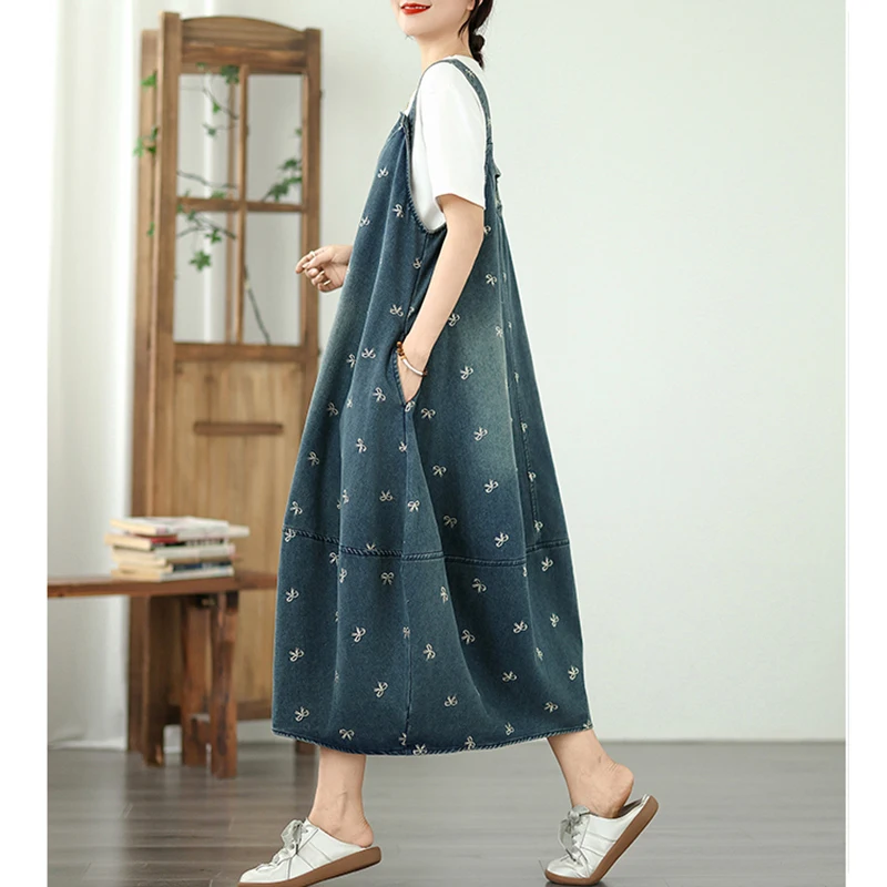 Robe en jean à bretelles pour femmes, sans manches, col en V, ample, décontractée, surdimensionnée, Y2K, Harajuku, avec nœud brodé, poche, robe mi-longue