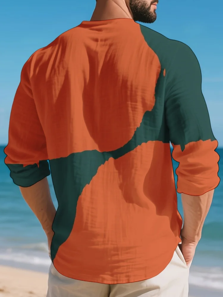 Men Color Block V Neck Long Sleeve Shirts Summer Loose Fit Lightweight Casual Tops Beach Vacation Blouse Daily Holiday Travel