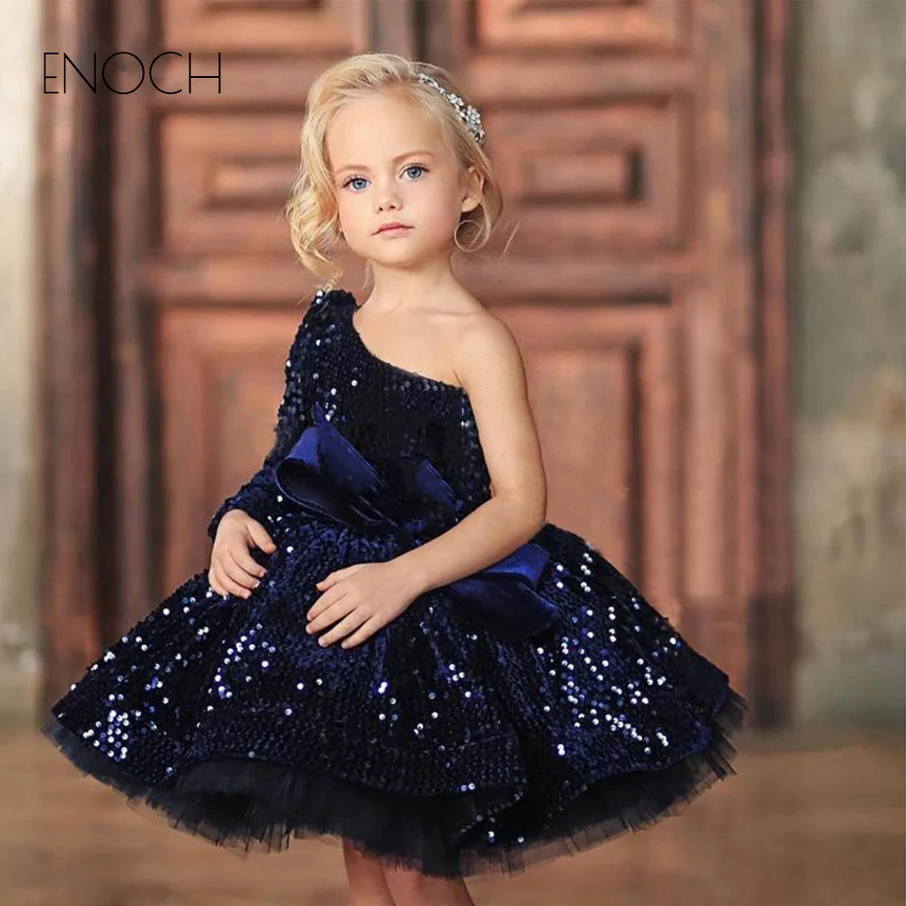 ENOCH Exquisite Flower Girl Dresses with Bow for Princess New Kids Zipper Back Knee Length One Shoulder Sequined Formal Gowns