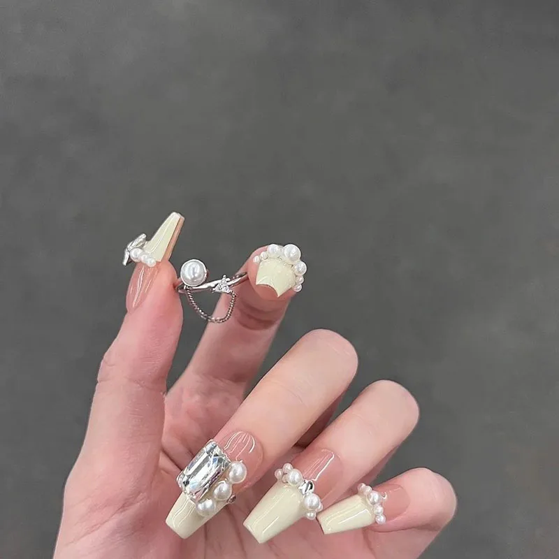 Handmade White French False Press On Nails With Rhinestones Full Cover Ballerina Manicuree Decoration Wearable Artificial Nails