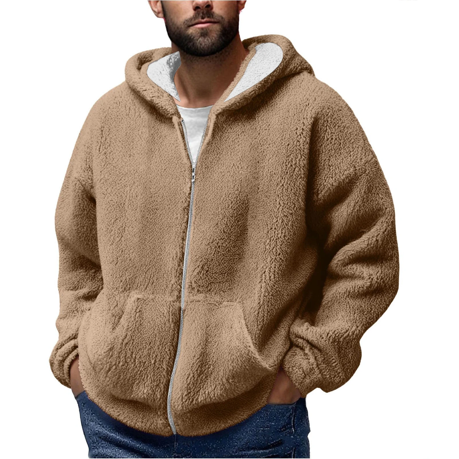 

Men's Winter Zipper Hooded Fleece Sweatshirt with Pocket Casual Jacket Autumn Cozy Plush Hoodie Coat Solid Color Hooded Jackets
