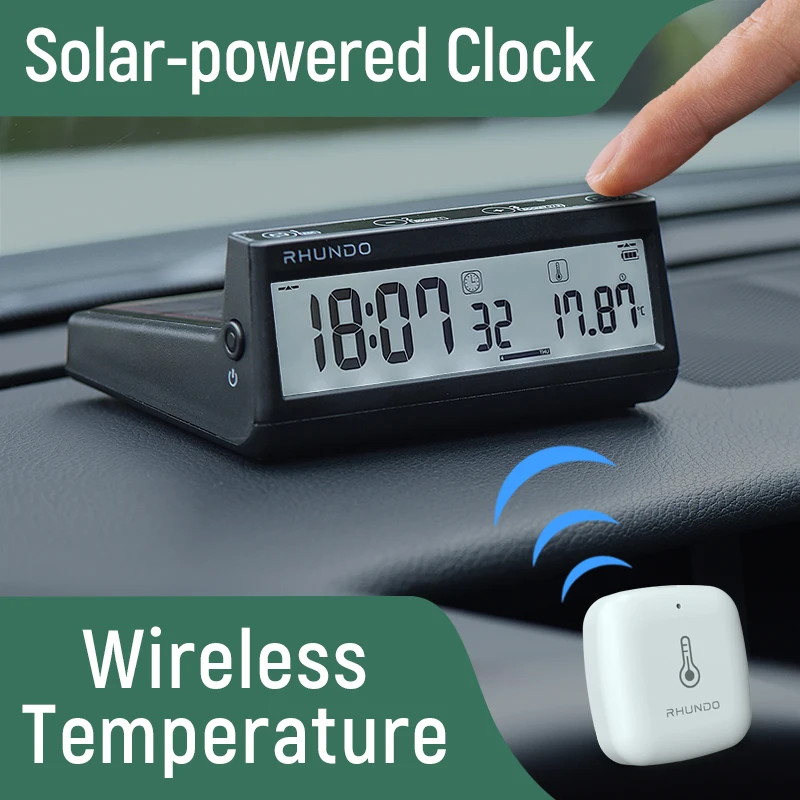 RHUNDO Solarny zegar samochodowy Bezprzewodowa temperatura z podświetlanym ekranem LCD Deska rozdzielcza Czas Data Wewnętrzny wyświetlacz temperatury zewnętrznej RCW-S10
