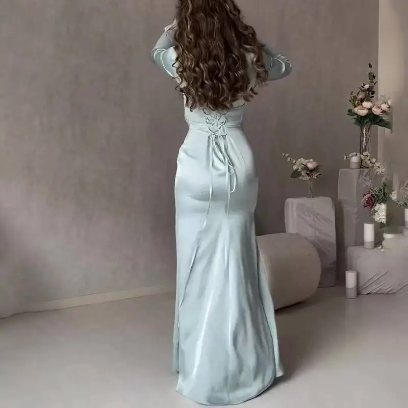 أنيقة طويلة الأكمام عالية الخصر مساء عادية بلون سليم رداء ربيع الخريف المرأة S س الرقبة الملتوية فستان الحفلات #5