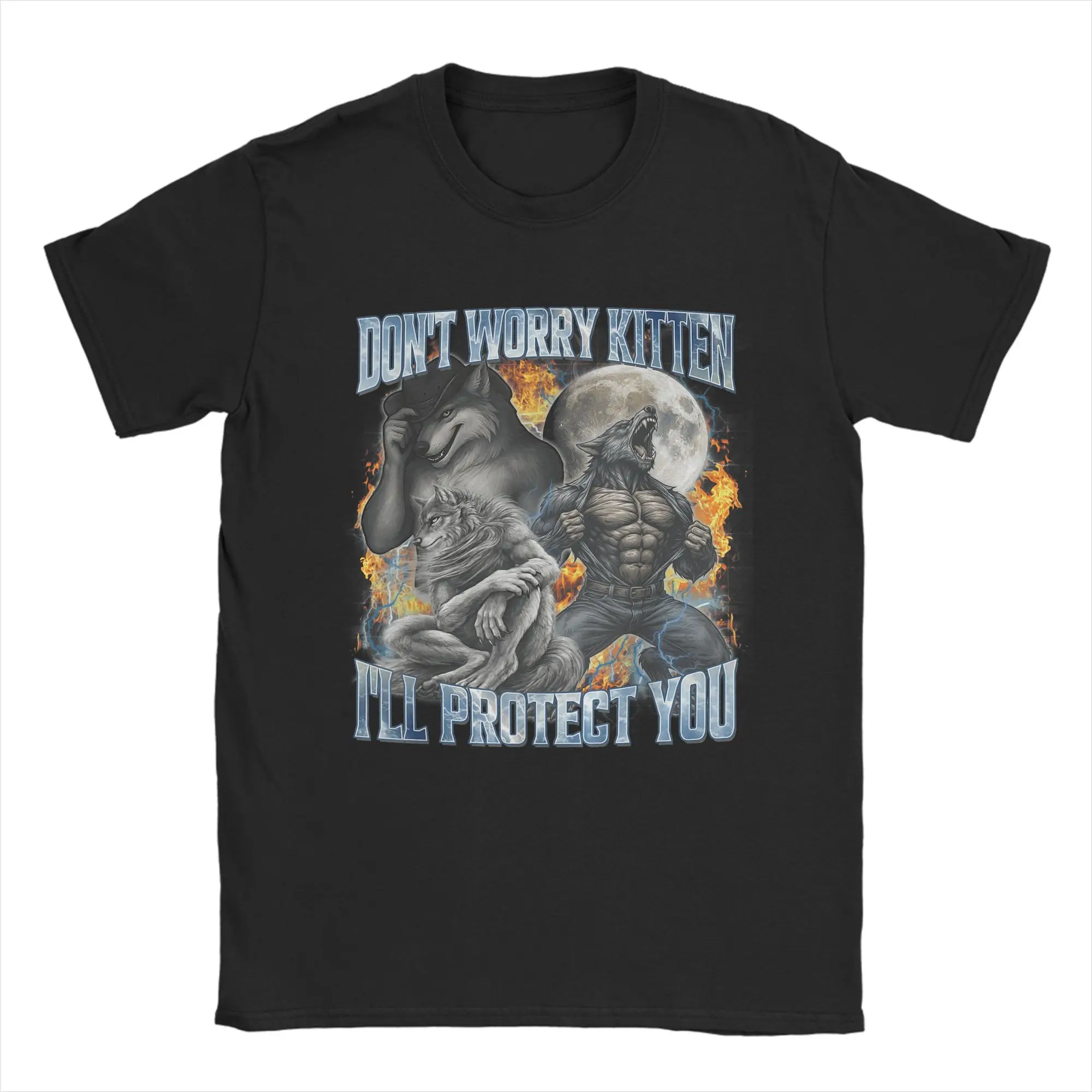 Mens T-Shirt DonT Worry Kitten ILl Protect You Funny Alpha Wolf Meme T-Shirts Fashion  Summer Tees Vintage Cotton Tops Gift