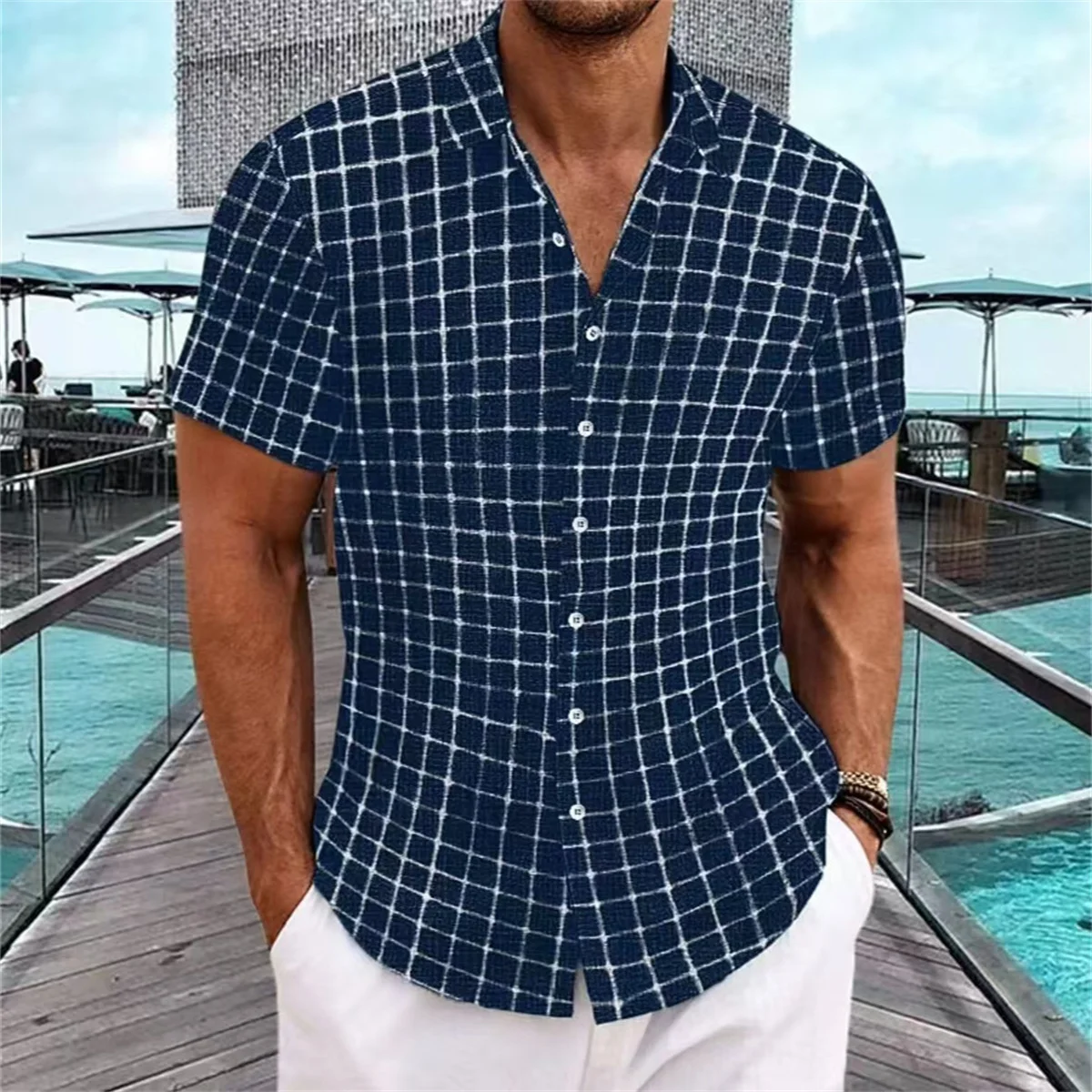 New men's casual short shirt can be worn outside in 4 colors Men's fashion digital printed plaid short-sleeved shirt