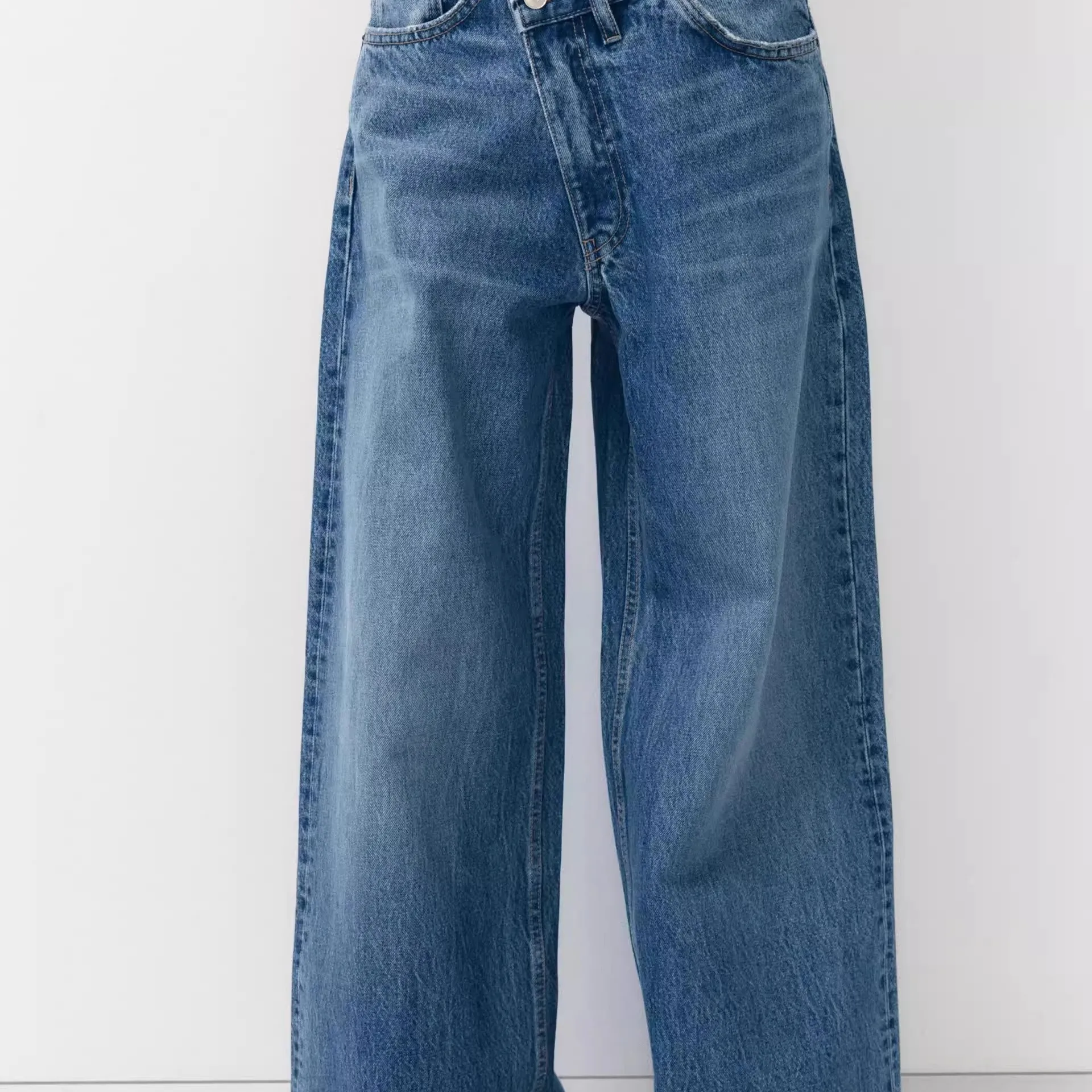 Spring Summer 2025 High Waist Wide Leg Asymmetric Jeans Women's Boyfriend Style Casual Loose Fit Blue Denim Trousers