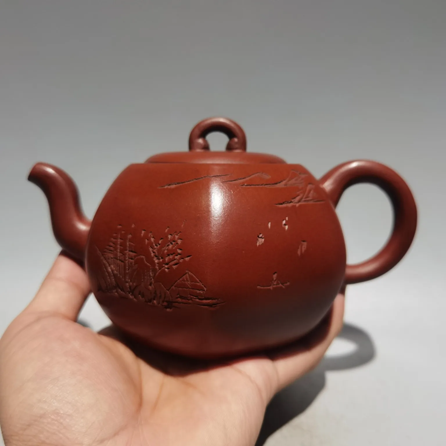 

7"Chinese Yixing Purple clay pot Hexagon pot landscape pattern teapot purple clay pot kettle red mud Ornaments Gather fortune