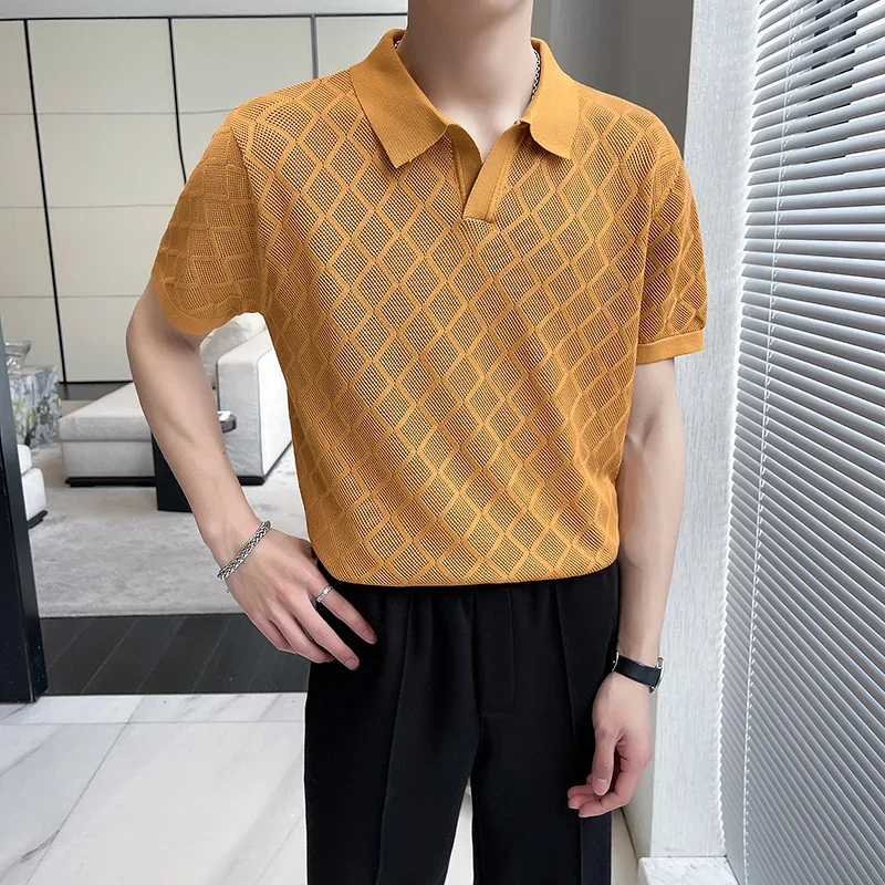 Hollow-out Knitted Lapel Short-sleeved T-shirt Slim Hole Polo Shirt Brown ,polo Golf Shirt