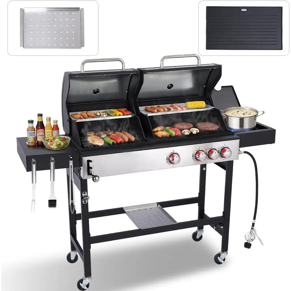 

Двухтопливный гриль с 3 конфорками и боковой горелкой, 41 500 BTU, чугунные решетки, универсальное решение для приготовления пищи на открытом воздухе