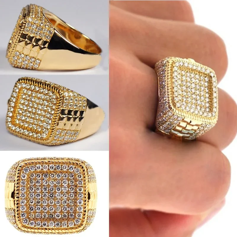 Punkboy Hot Sale Men\'s Gold Color Ring for Party Full Bling Iced Out Cubic Micro Paved CZ Crystal Luxury Hip Hop Rings Jewelry