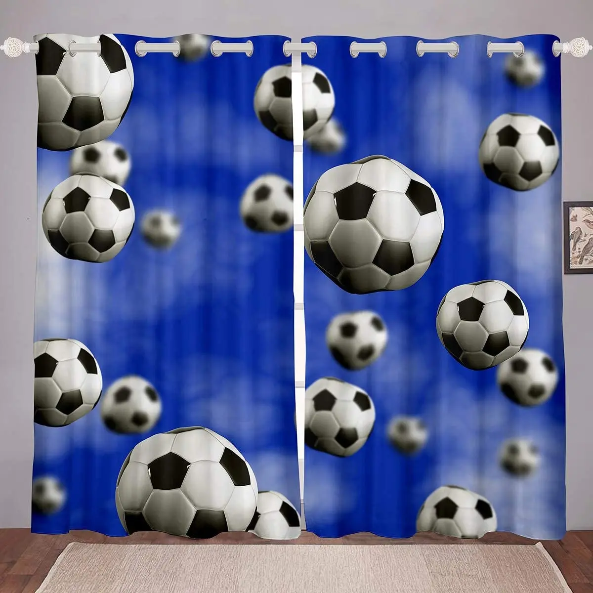 Boys Football Window Drapes Sports Theme Window Curtain Black White Soccer Ball Pattern Window Treatments for Kids Green Cortina