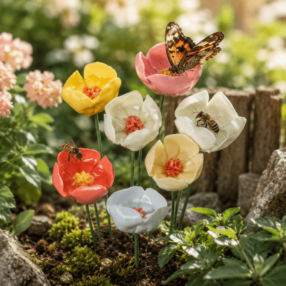 3Pcs Flower-Shaped Bee Butterfly Water Dispenser Ceramic Garden Decoration Bee Watering Station Gifts DIY Artificial Flower