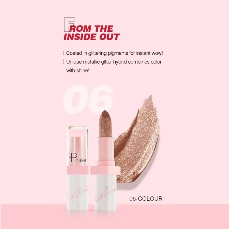 Pudaier-pintalabios metálico con perlas, brillo de labios brillante, alta pigmentación, larga duración, resistente al agua, no se decolora, lápiz labial de diamante brillante