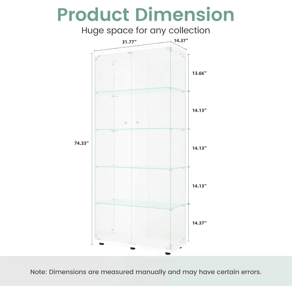 Clearing Glass Display Cabinet with 5 Shelves, Cabinets for Living Room, Bedroom, Office, White Floor Standing Glass Bookshelf