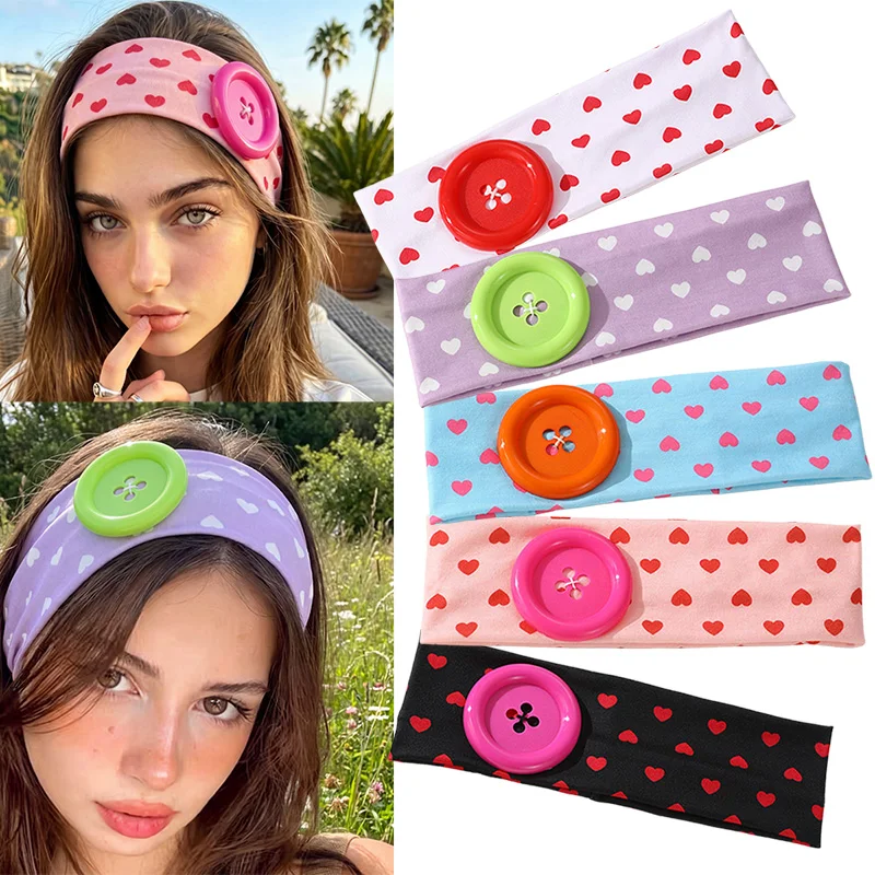 1/5pcs/set Love Button Print Headband – Versatile Elastic Hair Scarf for Casual & Vacation Looks.