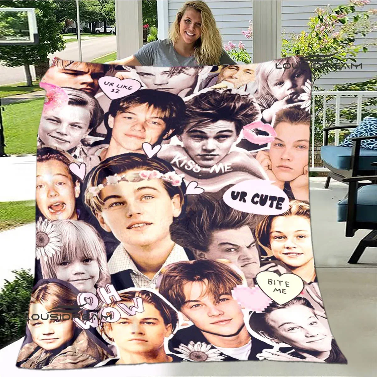 Leo DiCaprio Cute Collage Blanket Fan Gift Romantic Decor Soft Throw Bed Cover Love Heart Design Movie Star Memorabilia Trendy
