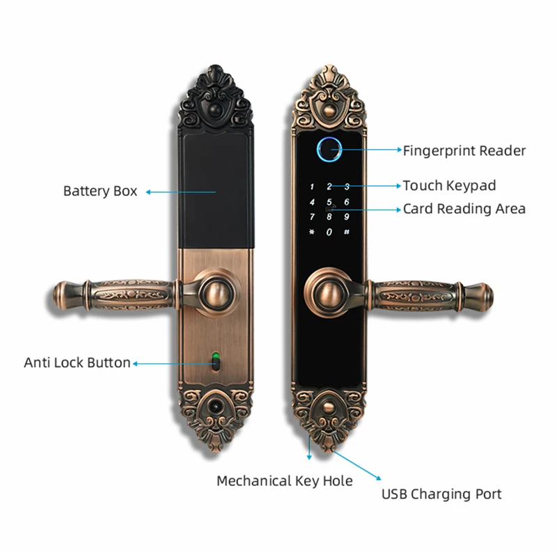 High end European style TUYA Wifi Electronic Smart Door Lock/Biometric Fingerprint / Smart Card Password Key Unlock USB Charge