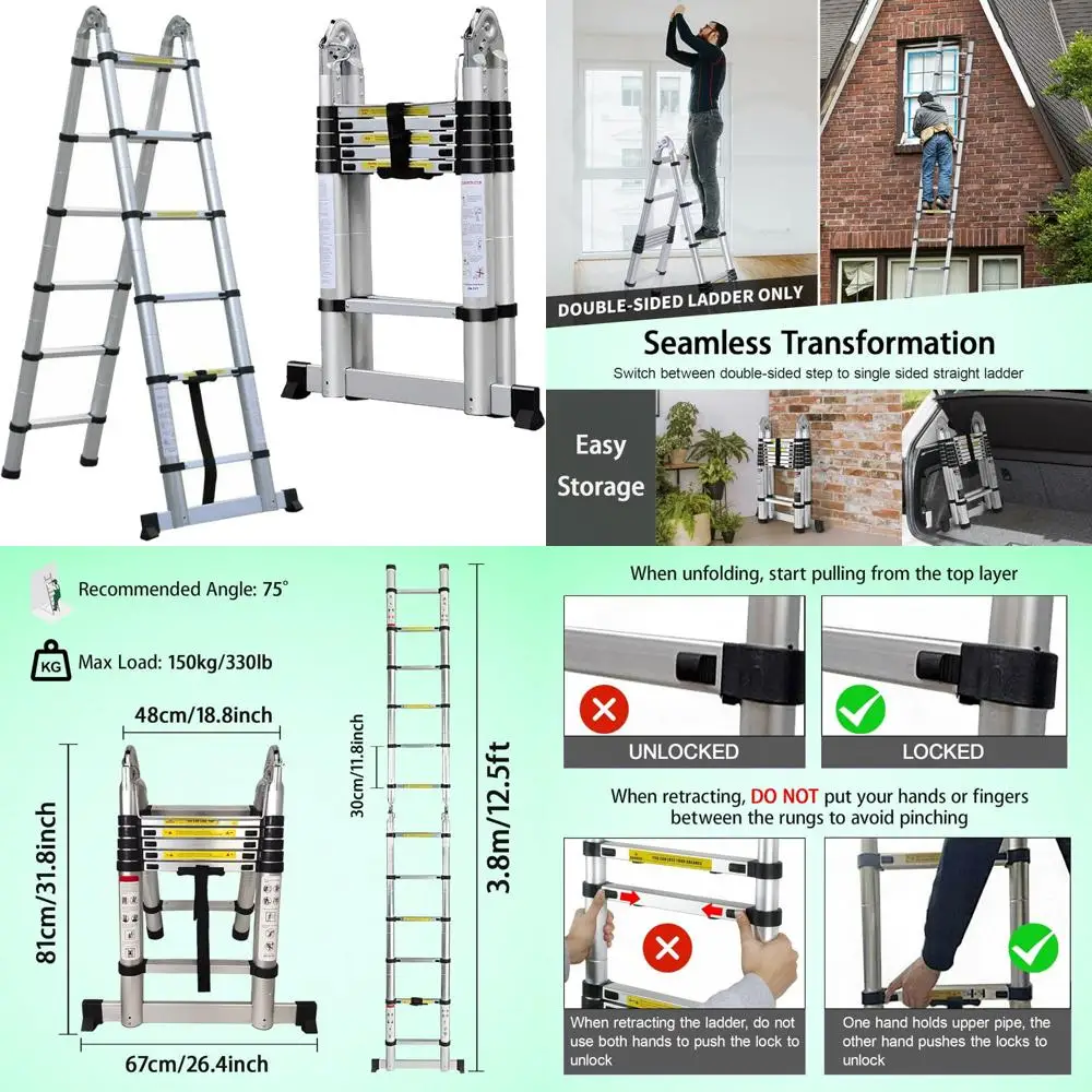 

Сверхмощная телескопическая лестница высотой 12,5 футов со складной А-образной рамой 6,2 фута и стабилизаторной планкой, удлинительная лестница 2-в-1 для наружного использования